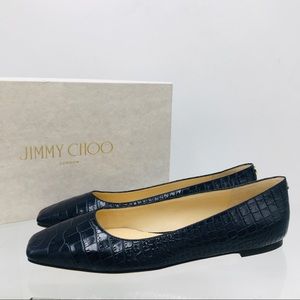Jimmy Choo Mirele Flat Navy Croc Embossed Leather Women’s Shoes Size 37